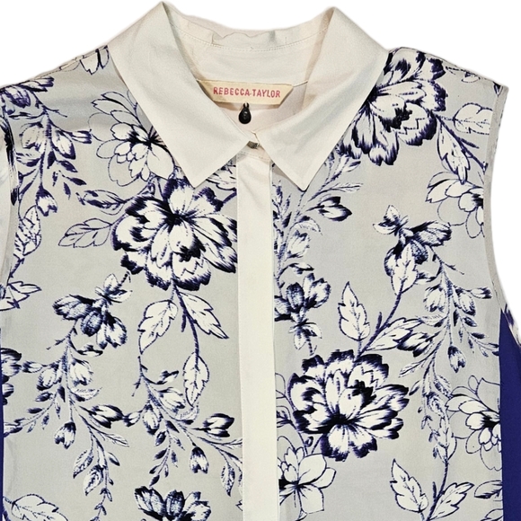 Rebecca Taylor 100% Silk Blue Colorblock Floral Print Mini Shirt Dress Size 8 - Picture 10 of 15